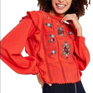 Free People XS Amy High Neck Embroidered Blouse, XS